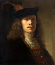 Portret van een man met een gevederde baret en schaduwrijke ogen